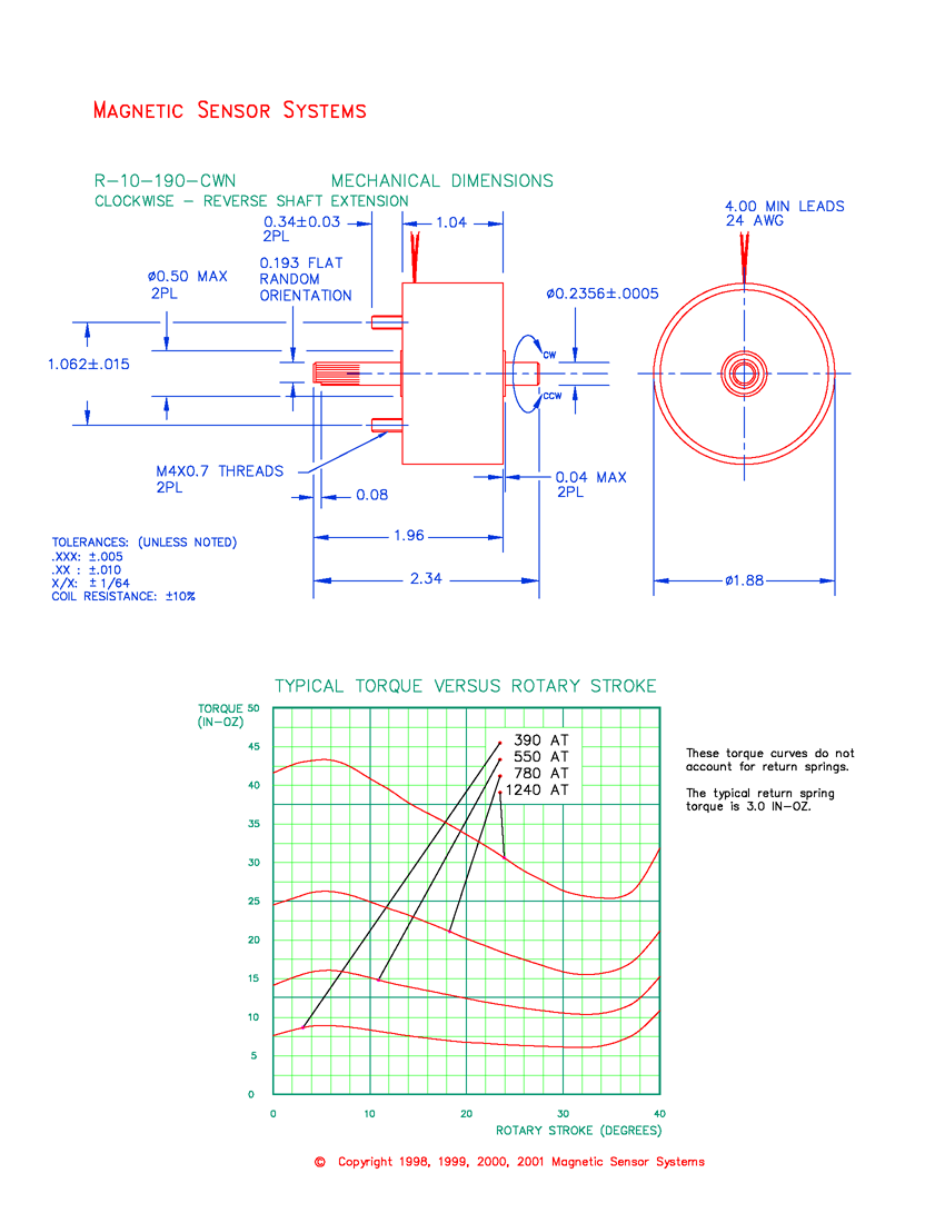 R-10-190-CWN rotary solenoid mechanical dimensions and performance data
