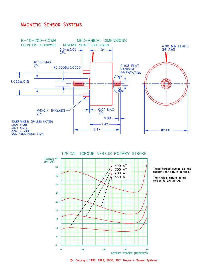 R-10-200-CCWN rotary solenoid mechanical dimensions and performance data