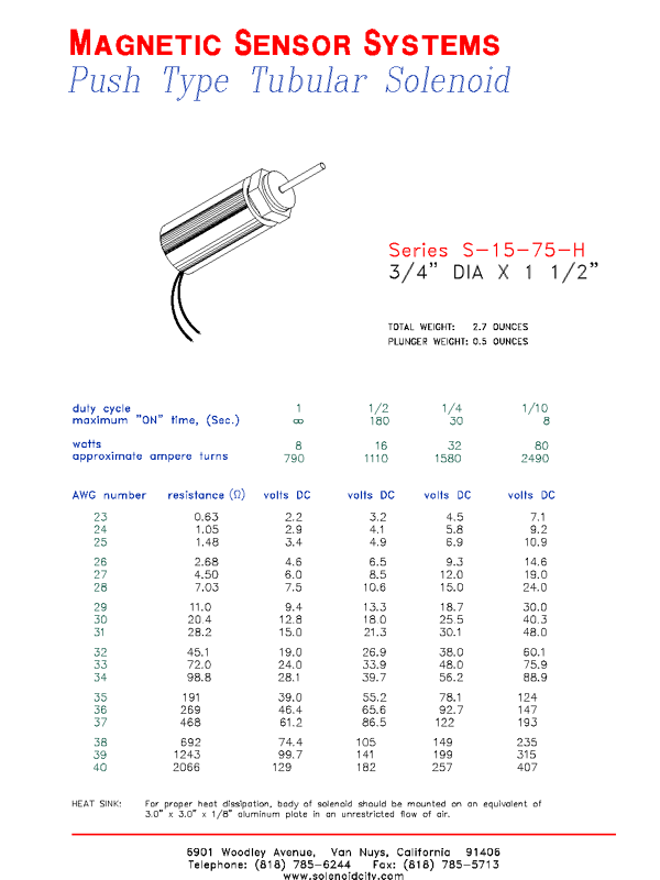 Tubular Push Solenoid S-15-75H, Page 1