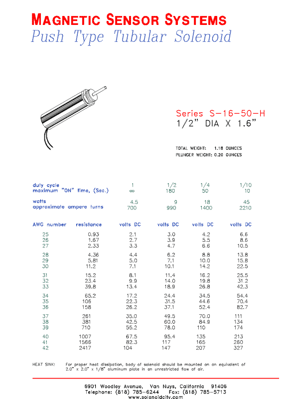 Tubular Push Solenoid S-16-50H, Page 1