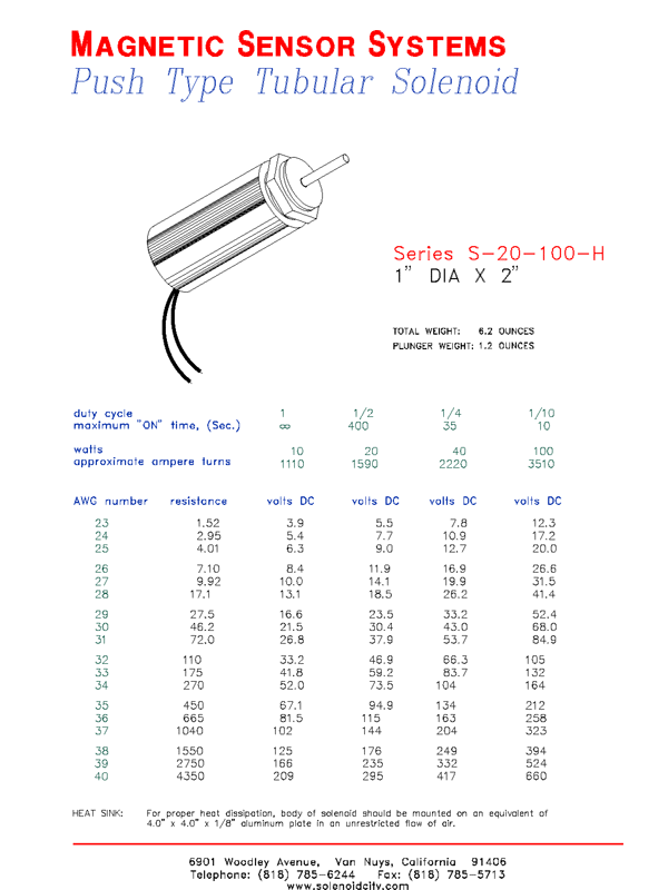 Tubular Push Solenoid S-20-100H, Page 1