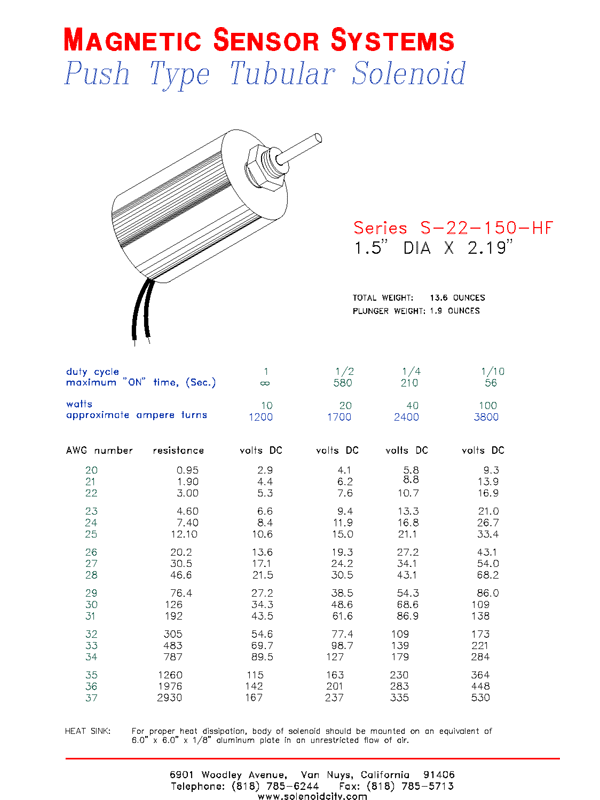 Tubular Push Solenoid S-22-150HF, Page 1