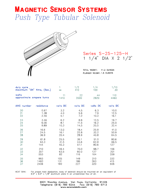 Tubular Push Solenoid S-25-125H, Page 1