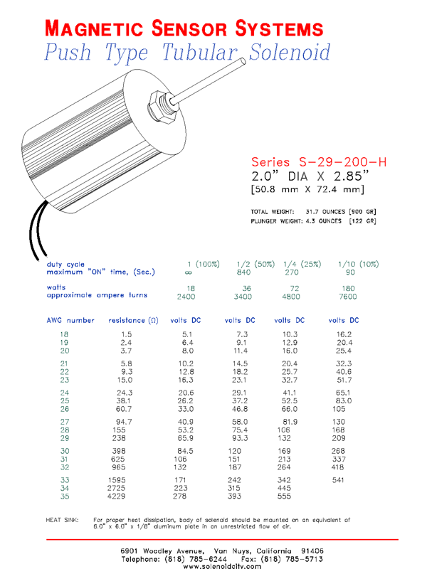 Tubular Push Solenoid S-29-200-H, Page 1